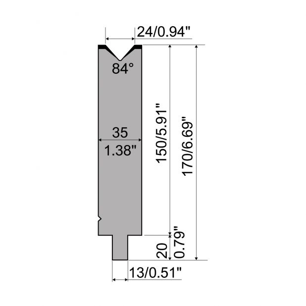 Matrijs R2 type met werkhoogte=150mm, α=84°, Radius=2,5mm, Gereedschapsstaal=42Cr, Max. capaciteit=700kN/m.