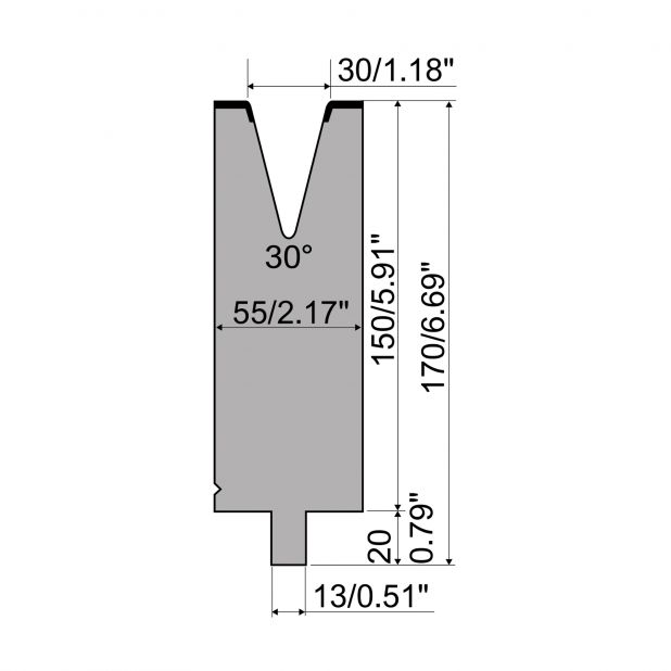 Matrijs R2 type met werkhoogte=150mm, α=30°, Radius=3mm, Gereedschapsstaal=42Cr, Max. capaciteit=900kN/m.