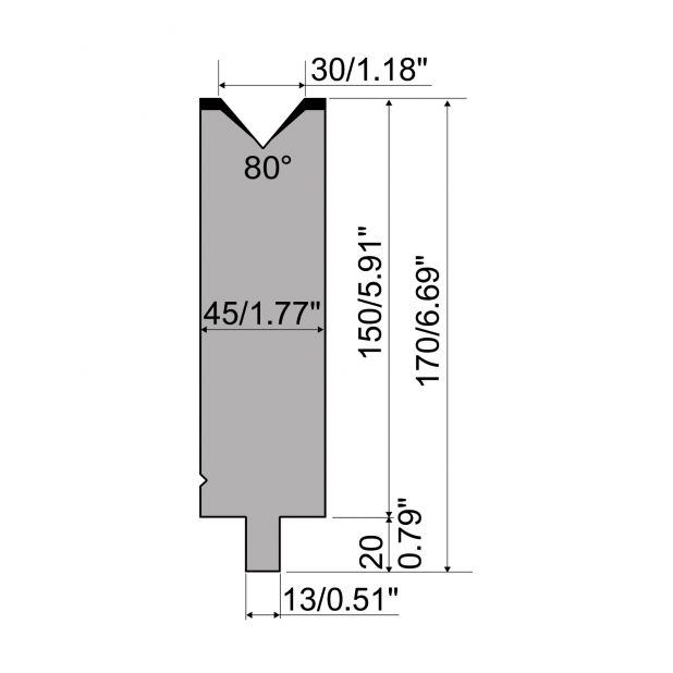 Matrijs R2 type met werkhoogte=150mm, α=80°, Radius=5mm, Gereedschapsstaal=42Cr, Max. capaciteit=900kN/m.