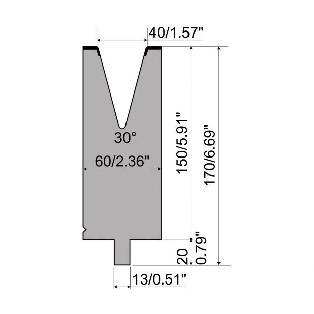 Matrijs R2 type met werkhoogte=150mm, α=30°, Radius=5mm, Gereedschapsstaal=42Cr, Max. capaciteit=900kN/m.