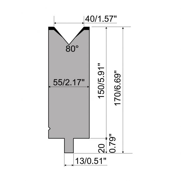 Matrijs R2 type met werkhoogte=150mm, α=80°, Radius=5mm, Gereedschapsstaal=42Cr, Max. capaciteit=1200kN/m.