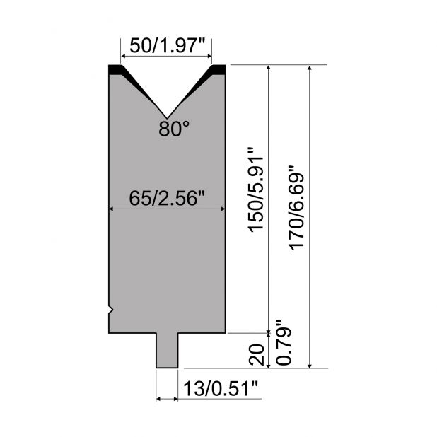 Matrijs R2 type met werkhoogte=150mm, α=80°, Radius=5mm, Gereedschapsstaal=42Cr, Max. capaciteit=1500kN/m.