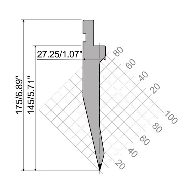 Bovengereedschap R1 TOP Eurostyle type met werkhoogte=145mm, α=26°, Radius=0,8mm, Gereedschapsstaal=42Cr, Ma