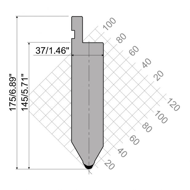 Bovengereedschap R1 TOP Eurostyle type met werkhoogte=145mm, α=60°, Radius=5mm, Gereedschapsstaal=42Cr, Max.