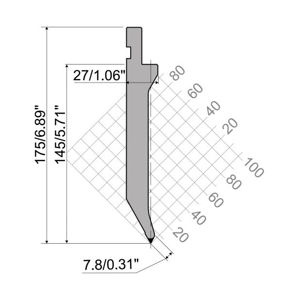 Bovengereedschap R1 TOP Eurostyle type met werkhoogte=145mm, α=60°, Radius=0,8mm, Gereedschapsstaal=42Cr, Ma