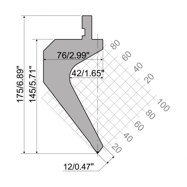 Bovengereedschap R1 TOP Eurostyle type met werkhoogte=144,2mm, α=75°, Radius=2mm, Gereedschapsstaal=42Cr, Ma