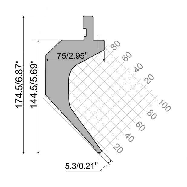 Punch R1 European type TOP Series with Working height=144,5mm, α=85°, Radius=0,8mm, Material=42Cr, Max. load