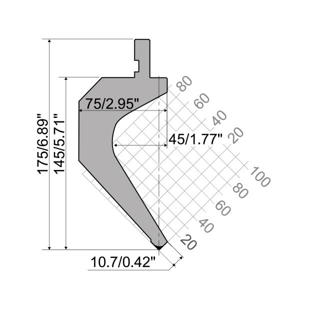 Bovengereedschap R1 TOP Eurostyle type met werkhoogte=144,3mm, α=85°, Radius=2mm, Gereedschapsstaal=42Cr, Ma