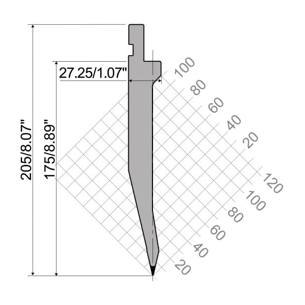 Bovengereedschap R1 TOP Eurostyle type met werkhoogte=175mm, α=26°, Radius=0,8mm, Gereedschapsstaal=42Cr, Ma