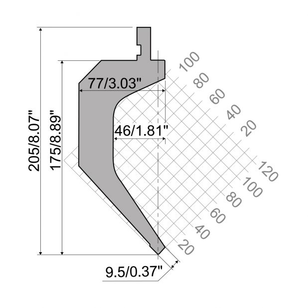 Bovengereedschap R1 TOP Eurostyle type met werkhoogte=174,3mm, α=85°, Radius=2mm, Gereedschapsstaal=42Cr, Ma