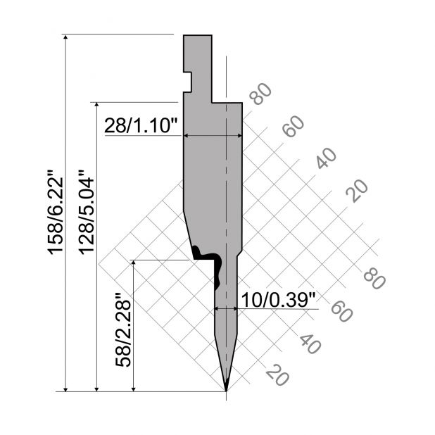 Dichtdrukgereedschap R1 TOP Eurostyle type met werkhoogte=128mm, α=24°, Radius=0,6mm, Gereedschapsstaal=42Cr