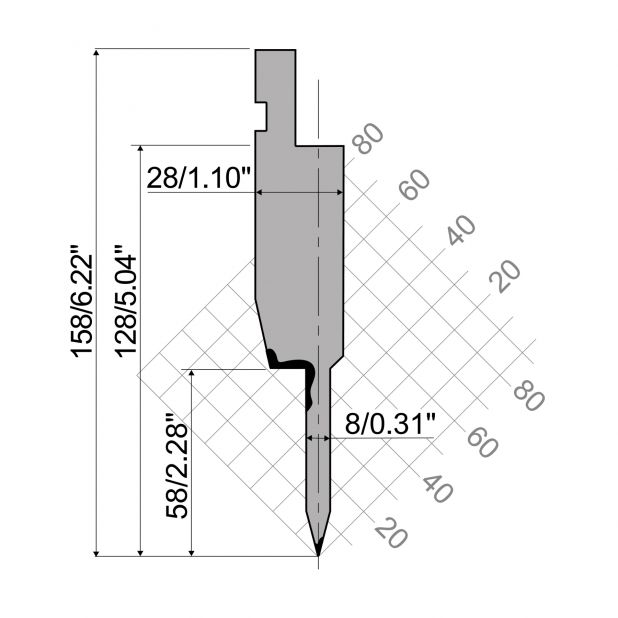 Dichtdrukgereedschap R1 TOP Eurostyle type met werkhoogte=128mm, α=24°, Radius=0,6mm, Gereedschapsstaal=42Cr