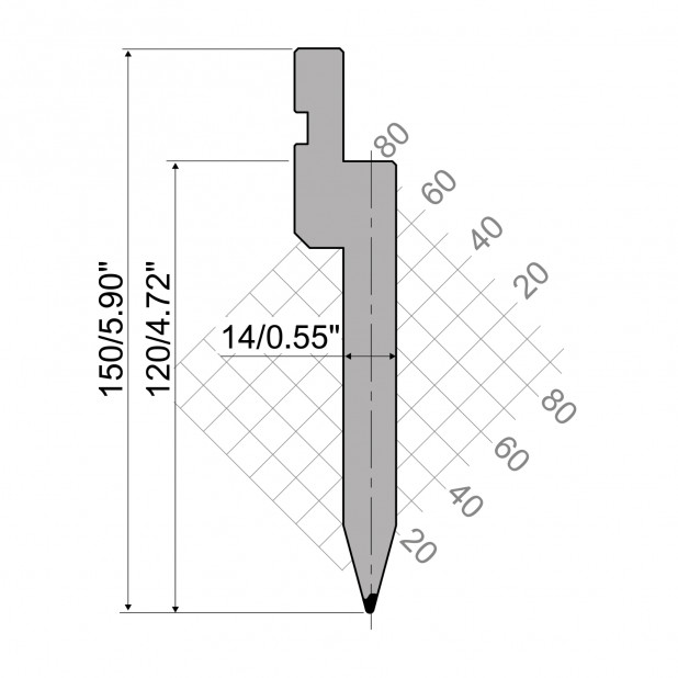 Bovengereedschap R1 TOP Eurostyle type met werkhoogte=120mm, α=30°, Radius=1.2mm, Gereedschapsstaal=C45, Max