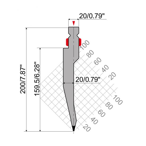 Bovengereedschap R2 European type TOP type met werkhoogte=200mm, α=26°, Radius=0,8mm, Gereedschapsstaal=42cr