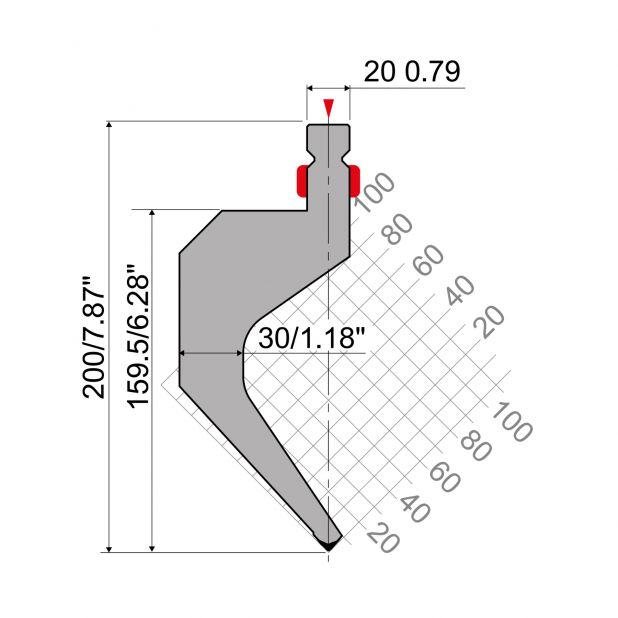 Bovengereedschap R2 European type TOP type met werkhoogte =200mm, α=85°, Radius=0,8mm, Gereedschapsstaal =42