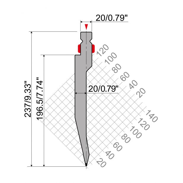 Bovengereedschap R2 European type TOP type met werkhoogte=237mm, α=26°, Radius=0,8mm, Gereedschapsstaal=42cr