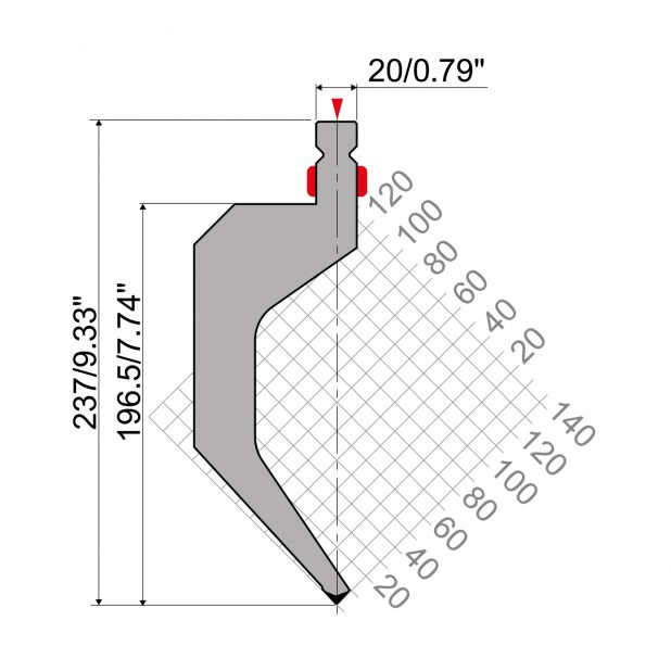 Punch R2 European type TOP Series with Working height=237mm, α=85°, Radius=0,8mm, Material=42cr, Max. load=8