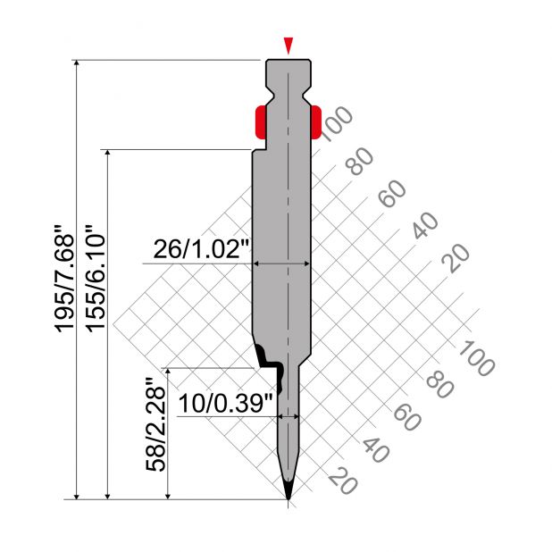 Dichtdrukgereedschap R2 type met werkhoogte=158mm, α=24°, Radius=0,6mm, Gereedschapsstaal=42Cr, Max. capacit