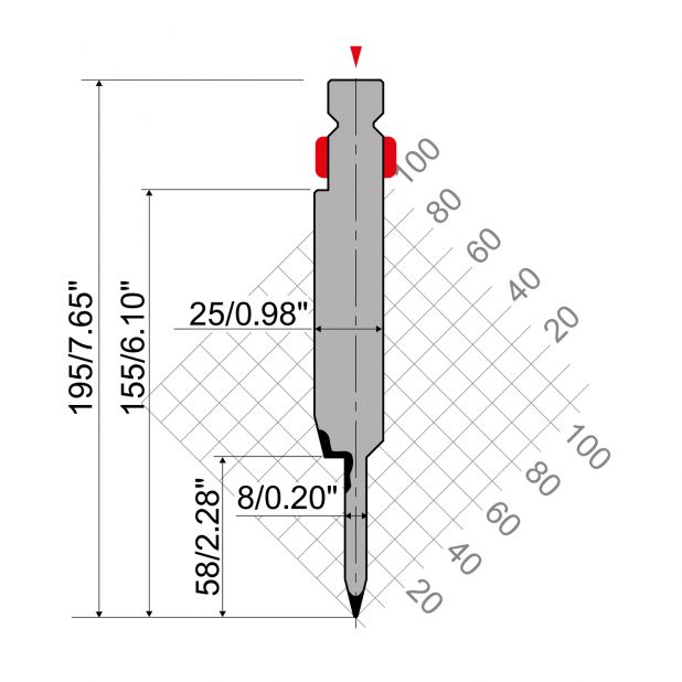 Dichtdrukgereedschap R2 type met werkhoogte=158mm, α=24°, Radius=0,6mm, Gereedschapsstaal=42Cr, Max. capacit