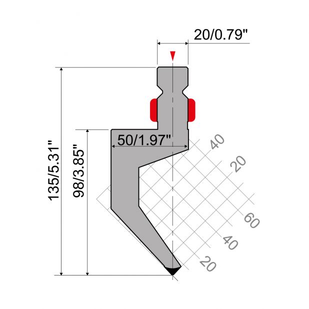 Bovengereedschap R2 type met werkhoogte =98mm, α=86°, Radius=1mm, Gereedschapsstaal=42Cr, Max. capaciteit=65