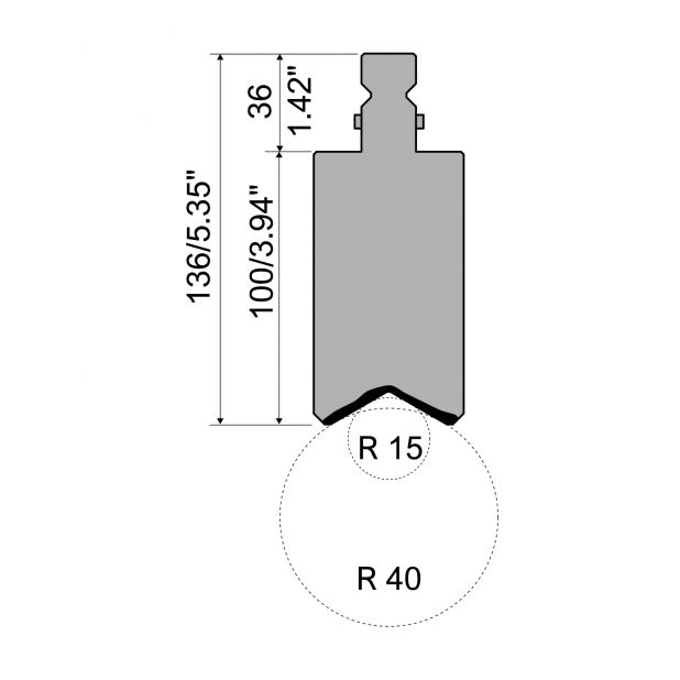 Radius Bovengereedschap R2 met werkhoogte=100mm, Radius=mm, Gereedschapsstaal=42Cr, Max. capaciteit=1000kN/m.