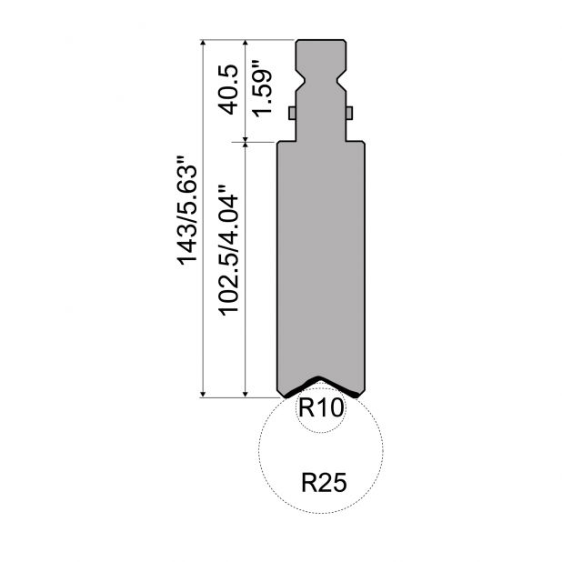 Radius Bovengereedschap R2 met werkhoogte=106mm, Radius=mm, Gereedschapsstaal=42Cr, Max. capaciteit=1000kN/m.
