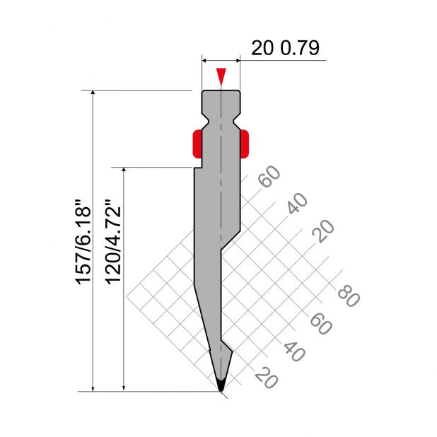 Bovengereedschap R2 type met werkhoogte=120mm, α=28°, Radius=1mm, Gereedschapsstaal=42Cr, Max. capaciteit=60