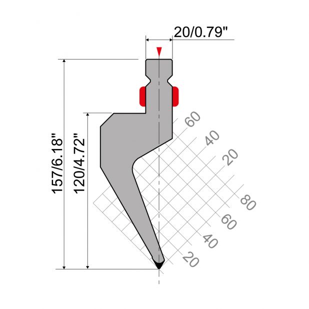 Bovengereedschap R2 type met werkhoogte=120mm, α=60°, Radius=1mm, Gereedschapsstaal=42Cr, Max. capaciteit=70