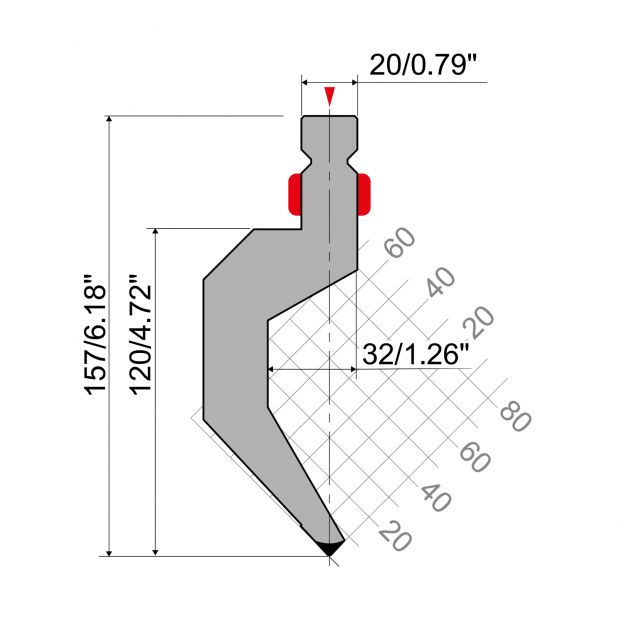 Bovengereedschap R2 type met werkhoogte=120mm, α=86°, Radius=1mm, Gereedschapsstaal=42Cr, Max. capaciteit=80