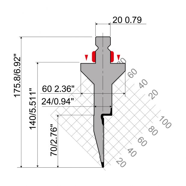 Bovengereedschap R2 type met werkhoogte=140mm, α=28°, Radius=1mm, Gereedschapsstaal=42Cr, Max. capaciteit=40