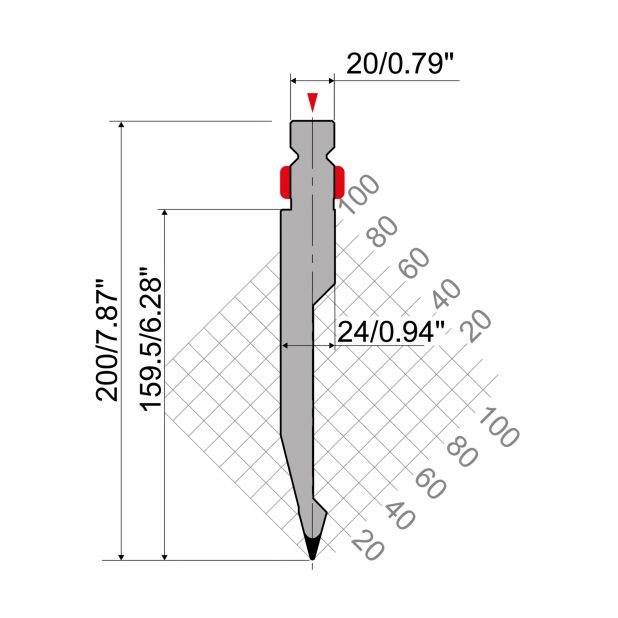 Bovengereedschap R2 type met werkhoogte=163mm, α=28°, Radius=1mm, Gereedschapsstaal=42Cr, Max. capaciteit=60