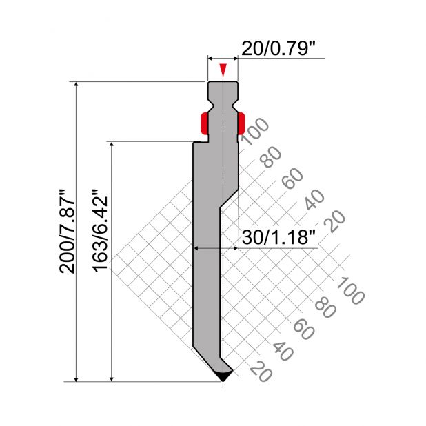 Bovengereedschap R2 type met werkhoogte =163mm, α=80°, Radius=1mm, Gereedschapsstaal=42Cr, Max. capaciteit=8