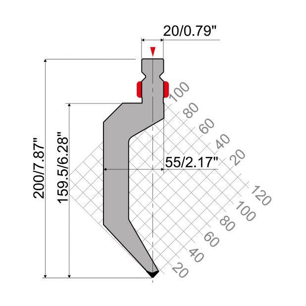 Bovengereedschap R2 type met werkhoogte =163mm, α=86°, Radius=1mm, Gereedschapsstaal=42Cr, Max. capaciteit=5