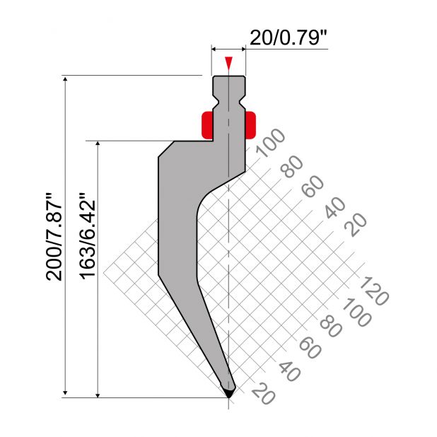 Bovengereedschap R2 type met werkhoogte=163mm, α=60°, Radius=1mm, Gereedschapsstaal=42Cr, Max. capaciteit=70