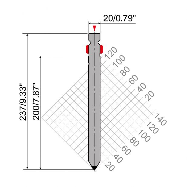 Bovengereedschap R2 type met werkhoogte=200mm, α=60°, Radius=3mm, Gereedschapsstaal=42Cr, Max. capaciteit=13