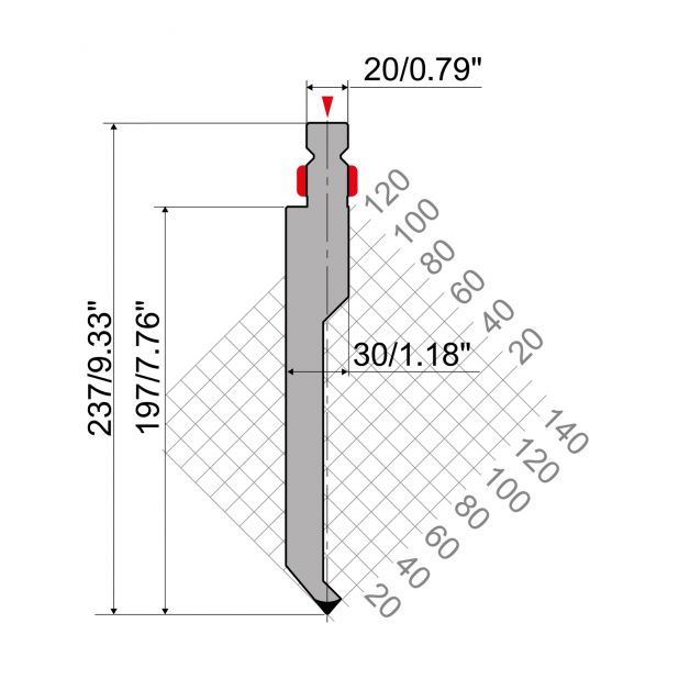 Bovengereedschap R2 type met werkhoogte=200mm, α=80°, Radius=1mm, Gereedschapsstaal=42Cr, Max. capaciteit=80