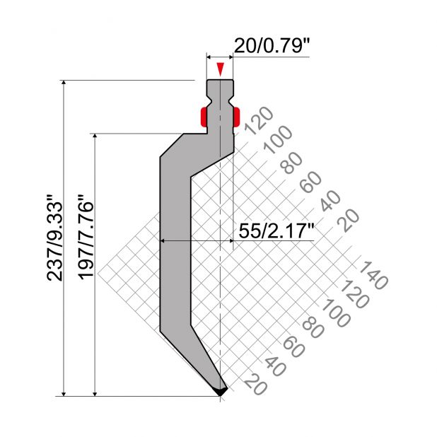 Bovengereedschap R2 type met werkhoogte =200mm, α=86°, Radius=1mm, Gereedschapsstaal=42Cr, Max. capaciteit=5