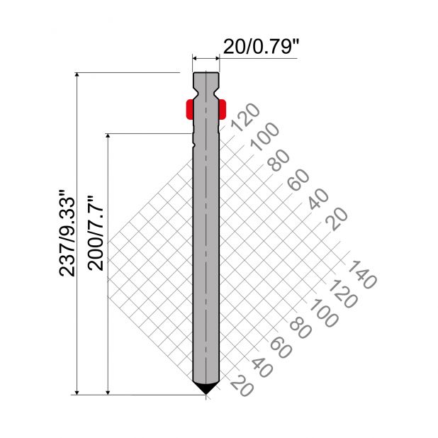 Bovengereedschap R2 type met werkhoogte =200mm, α=90°, Radius=1,2mm, Gereedschapsstaal=42Cr, Max. capaciteit