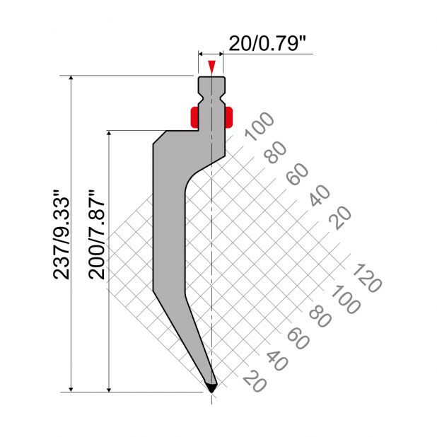 Bovengereedschap R2 type met werkhoogte=200mm, α=60°, Radius=1mm, Gereedschapsstaal=42Cr, Max. capaciteit =7