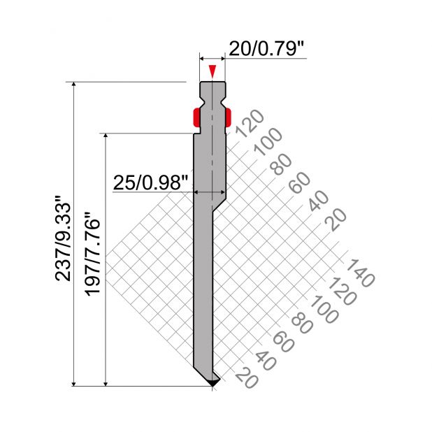 Bovengereedschap R2 type met werkhoogte =200mm, α=90°, Radius=0,6mm, Gereedschapsstaal =42Cr, Max. capacitei