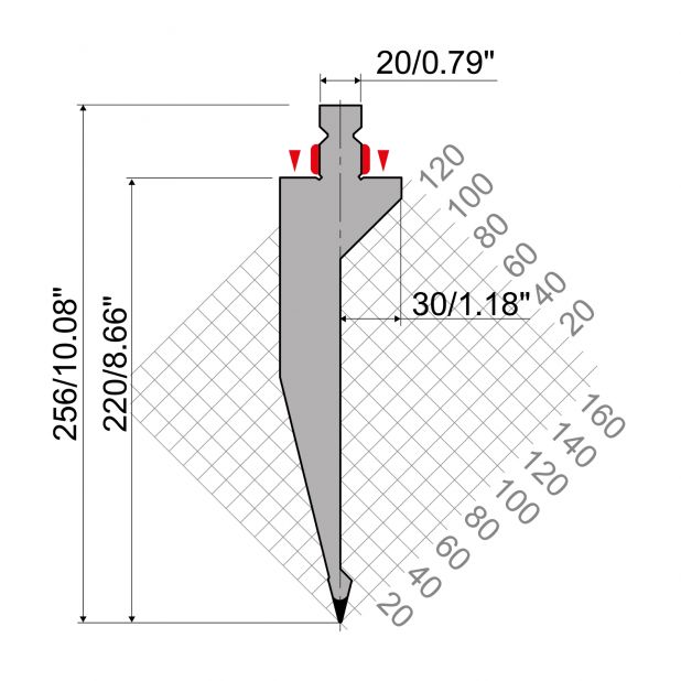 Bovengereedschap R2 type met werkhoogte=220mm, α=28°, Radius=1mm, Gereedschapsstaal=42Cr, Max. capaciteit=60