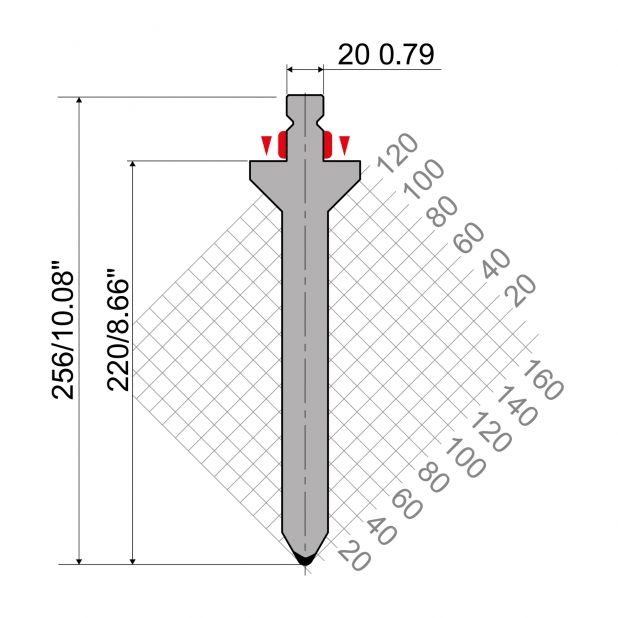 Punch R2 type with Working height=220mm, α=60°, Radius=4mm, Material=42Cr, Max. load=1300kN/m.