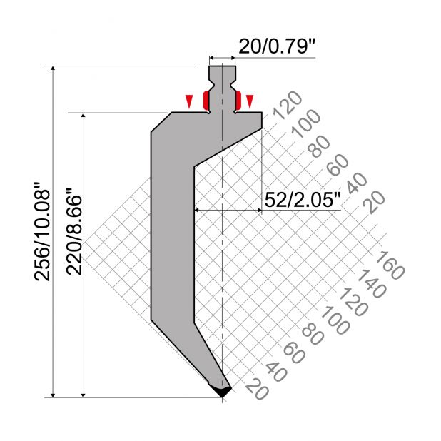 Bovengereedschap R2 type met werkhoogte=220mm, α=86°, Radius=1mm, Gereedschapsstaal=42Cr, Max. capaciteit=80