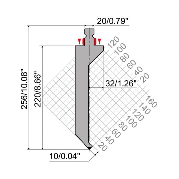 Bovengereedschap R2 type met werkhoogte=220mm, α=86°, Radius=1mm, Gereedschapsstaal=42Cr, Max. capaciteit=80