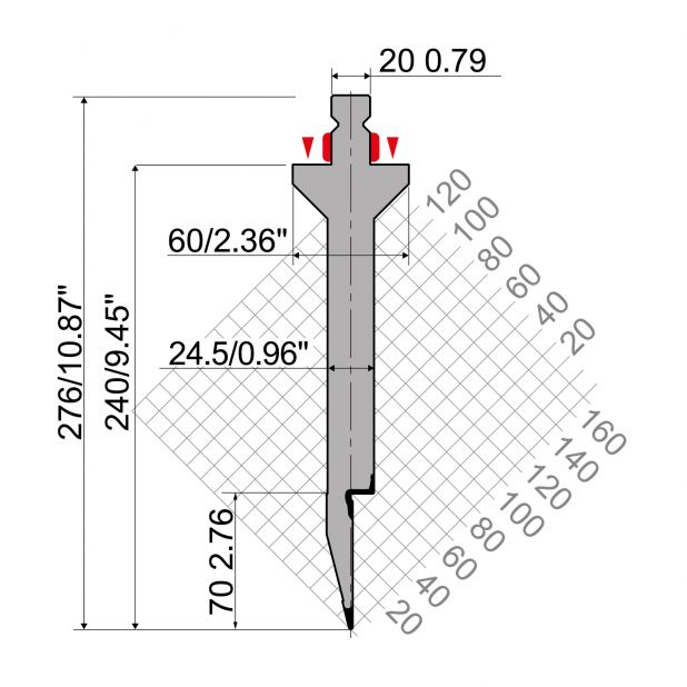 Bovengereedschap R2 type met werkhoogte=240mm, α=28°, Radius=1mm, Gereedschapsstaal=42Cr, Max. capaciteit=40