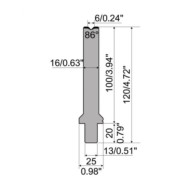 Matrijs R2 type met werkhoogte=100mm, α=86°, Radius=2mm, Gereedschapsstaal=42Cr, Max. capaciteit=400kN/m.