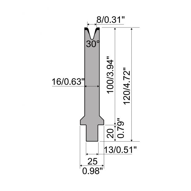 Matrijs R2 type met werkhoogte=100mm, α=30°, Radius=2,5mm, Gereedschapsstaal=42Cr, Max. capaciteit=400kN/m.