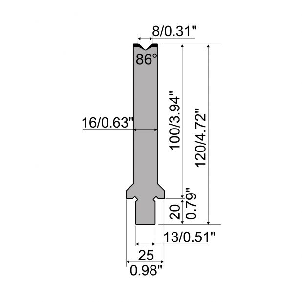 Matrijs R2 type met werkhoogte=100mm, α=86°, Radius=2,5mm, Gereedschapsstaal=42Cr, Max. capaciteit=400kN/m.