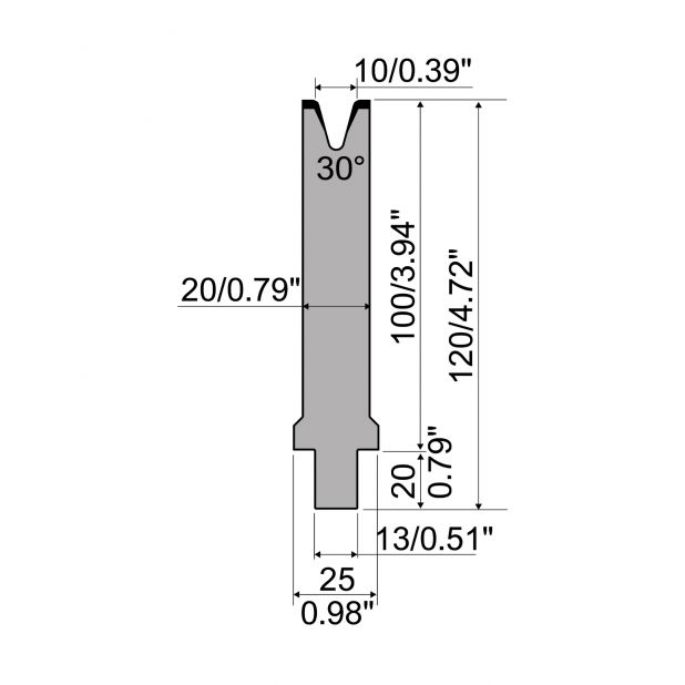 Matrijs R2 type met werkhoogte=100mm, α=30°, Radius=2,5mm, Gereedschapsstaal=42Cr, Max. capaciteit=400kN/m.