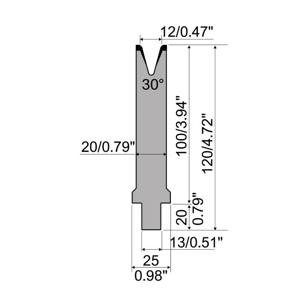 Matrijs R2 type met werkhoogte=100mm, α=30°, Radius=3mm, Gereedschapsstaal=42Cr, Max. capaciteit=400kN/m.